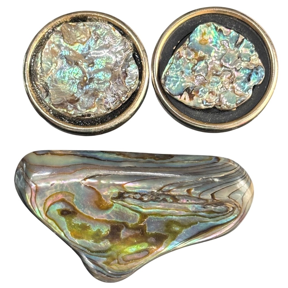 Vintage Sterling Silver Abalone Shell Cufflinks and Matching Tie Bar Set MCM